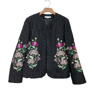 Garfield & Marks Madeline Open Jacket Womens 10 Black Quilted Floral Embroidery